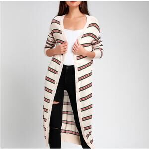 Lulus It’s All Good Cardigan Sweater Duster Long Striped Small Beige Green Red